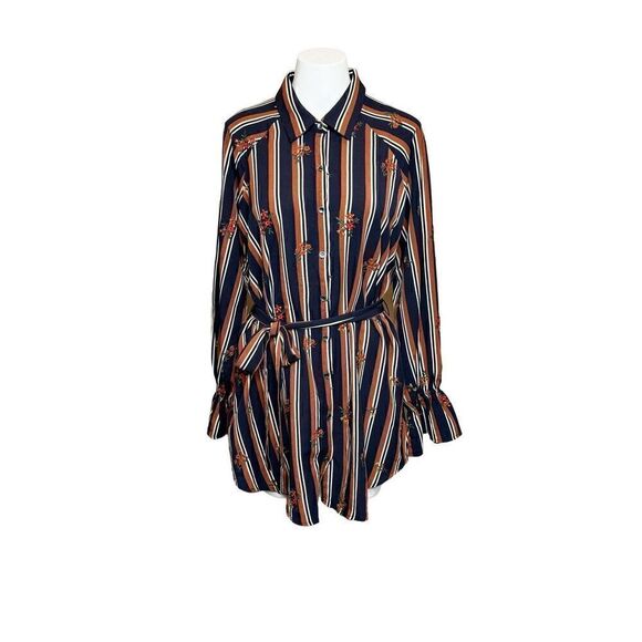 Miss Me NWT multi brown and navy striped long sleeve tunic blouse size L - Picture 2 of 16